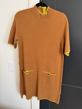 Maeve Short-Sleeve Turtleneck Dress in Rust with Yellow Trim